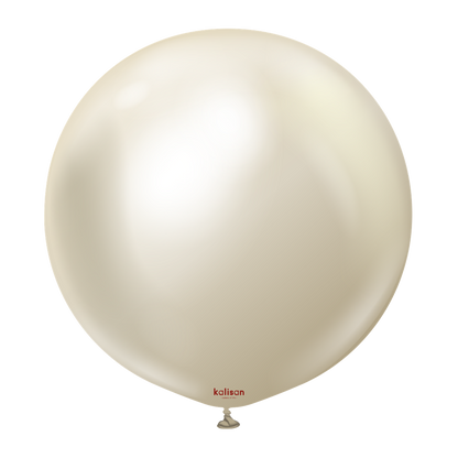24-inch round white gold latex balloon with a shiny, mirror-like surface.