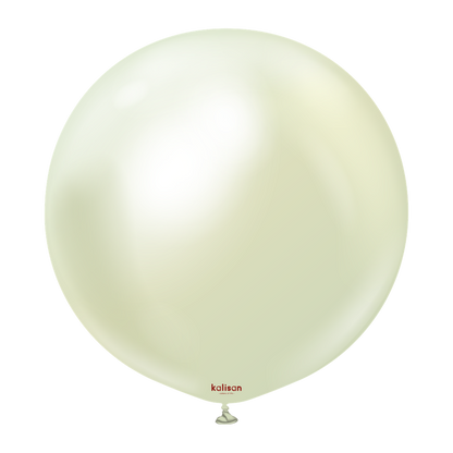 Round mirror with green-gold tint and subtle reflective glow, 24 inches diameter.