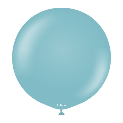 Large round light blue latex balloon with a smooth glossy finish and a tied end at the bottom.