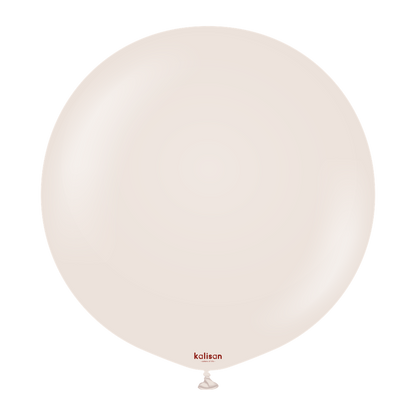Round 24-inch white sand latex balloon with a smooth, matte surface and small red logo near the knot.