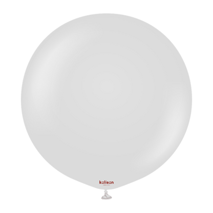 24-inch round translucent smoke gray balloon with small red logo near the base.