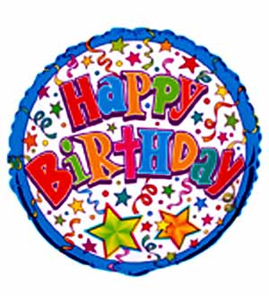 Round foil balloon with colorful "Happy Birthday" text, stars, and confetti on white background with blue border.