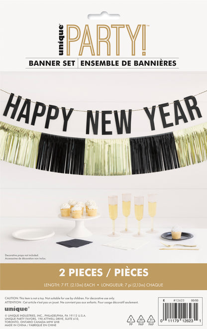 Toasting New Year's Gold & Black Fringe Banner Set 2pcs
