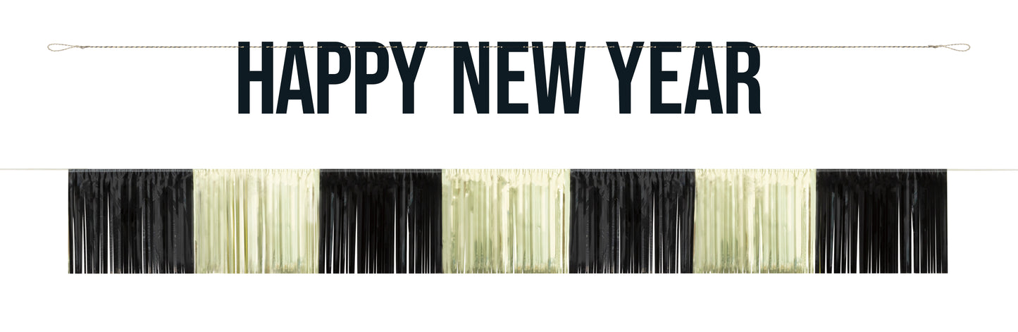 Toasting New Year's Gold & Black Fringe Banner Set 2pcs