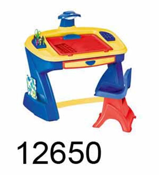 Blue and yellow plastic children's art desk with red built-in easel and matching red and blue chair.