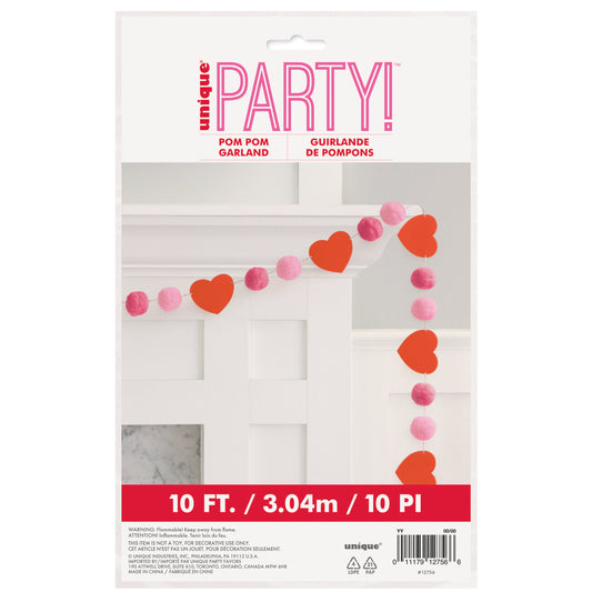 Valentines Day Heart Felt Pom Pom Garland 10ft