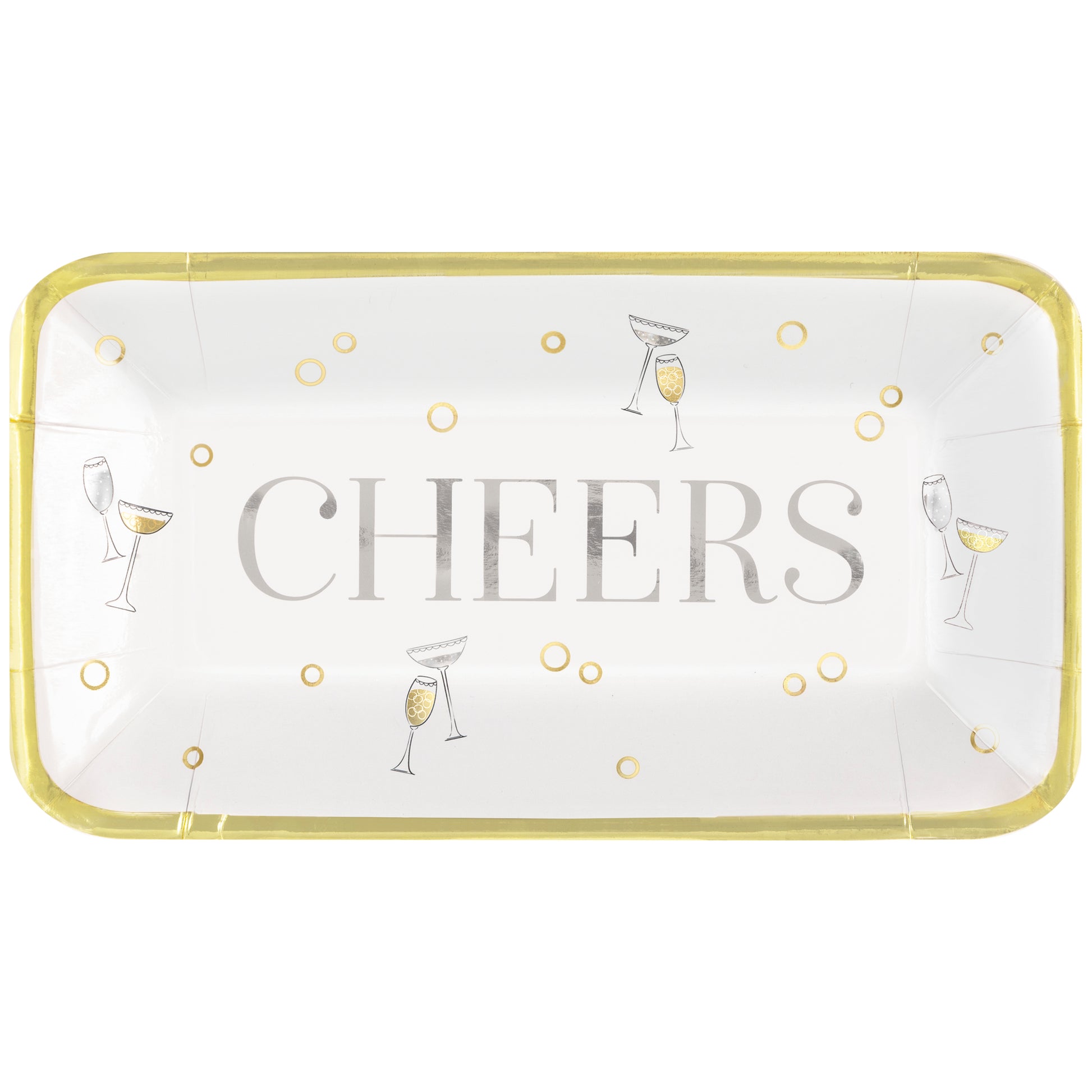 Rectangular white appetizer plate with gold rim, champagne glasses, bubbles, and "CHEERS" text.