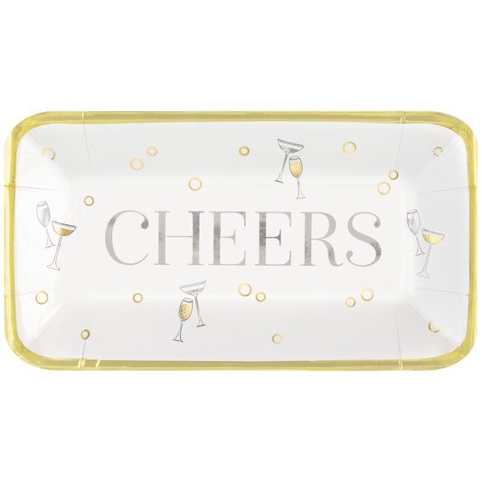 Rectangular white appetizer plate with gold rim, champagne glasses, bubbles, and "CHEERS" text.