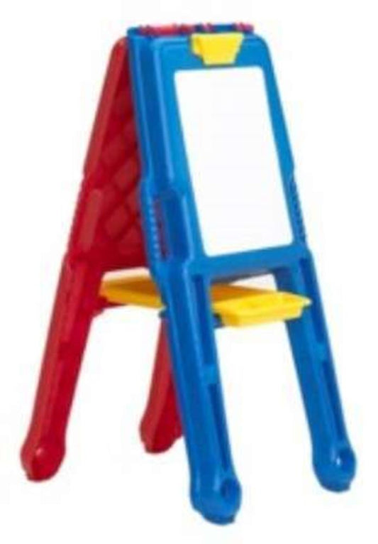 Colorful plastic children's art easel with blue front frame, red back legs, yellow tray, and white dry-erase board.
