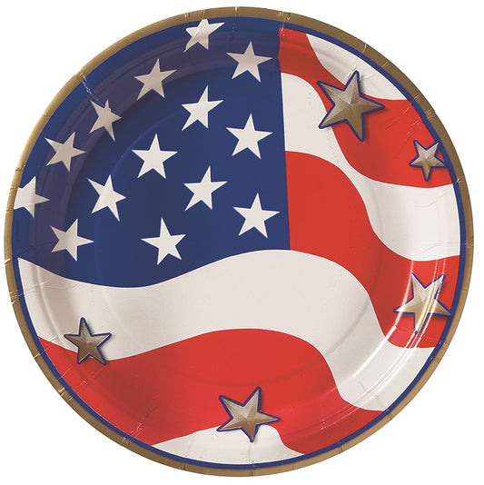 Round paper plate with American flag design, white stars on blue and red and white stripes, gold star accents, and a gold.