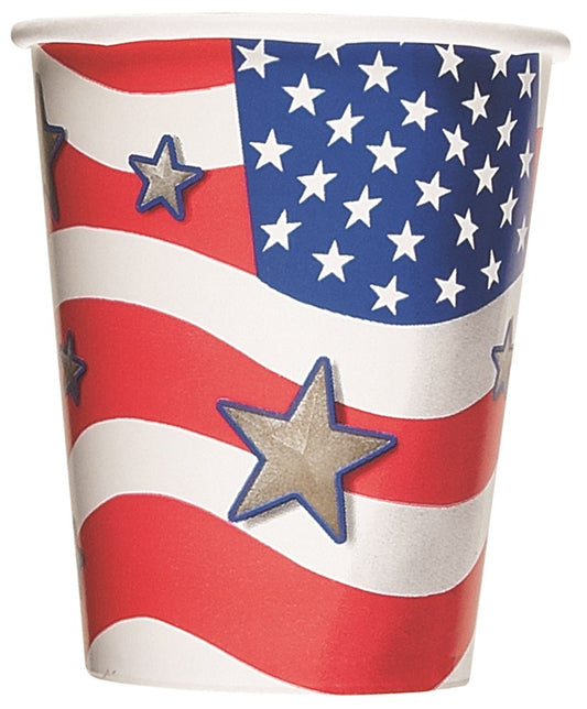 Paper cup with red and white stripes, blue section with white stars, and silver star accents.