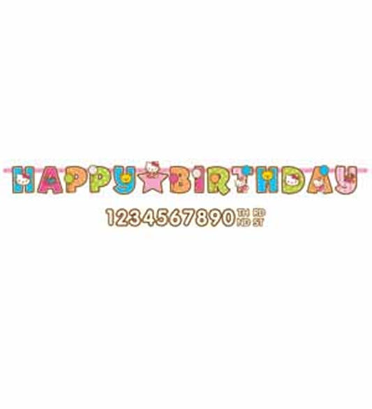 Colorful Happy Birthday banner with cartoon letters, featuring Hello Kitty and numbers 0-9 for customization.