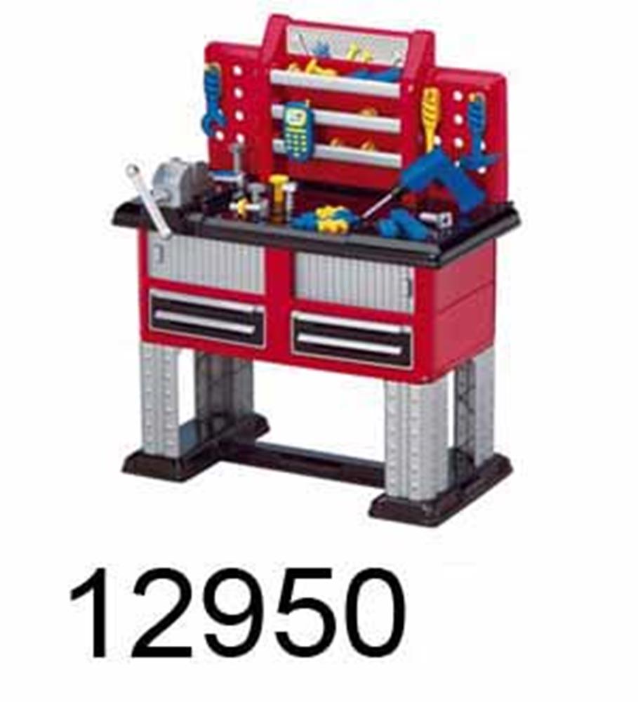 Red and black deluxe work bench toy with two silver drawers, pegboard holding plastic tools, and silver legs.