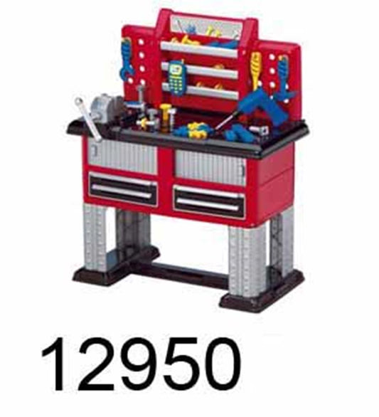 Red and black deluxe work bench toy with two silver drawers, pegboard holding plastic tools, and silver legs.