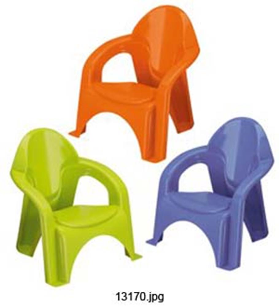Three colorful plastic stacking chairs in orange, lime green, and purple with rounded backs and armrests.