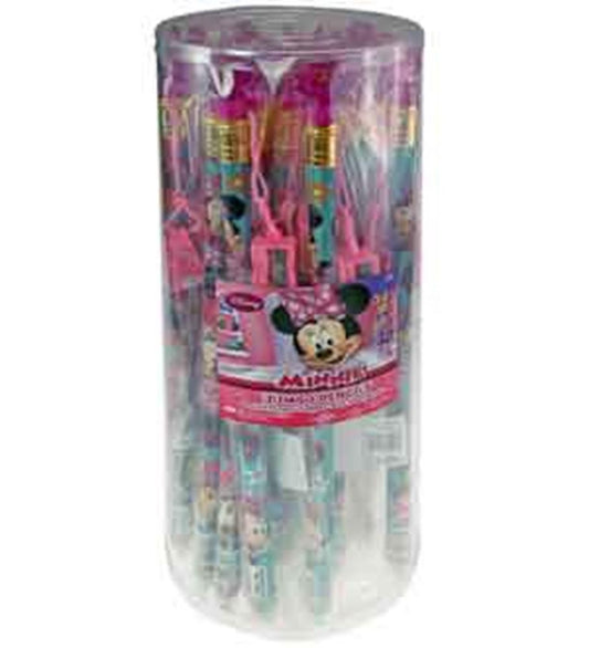 Clear cylindrical container holding multiple Minnie Mouse jumbo pencils with pink erasers and colorful Disney-themed designs.