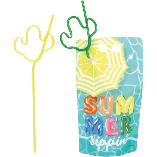 Summer Fun Drink Pouches With Cactus Shaped Straw 4ct