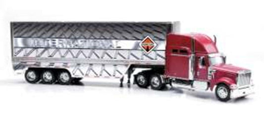 Red and silver International 9900Ix Porbelly semi-truck tractor with a detailed silver trailer featuring a diamond plate.