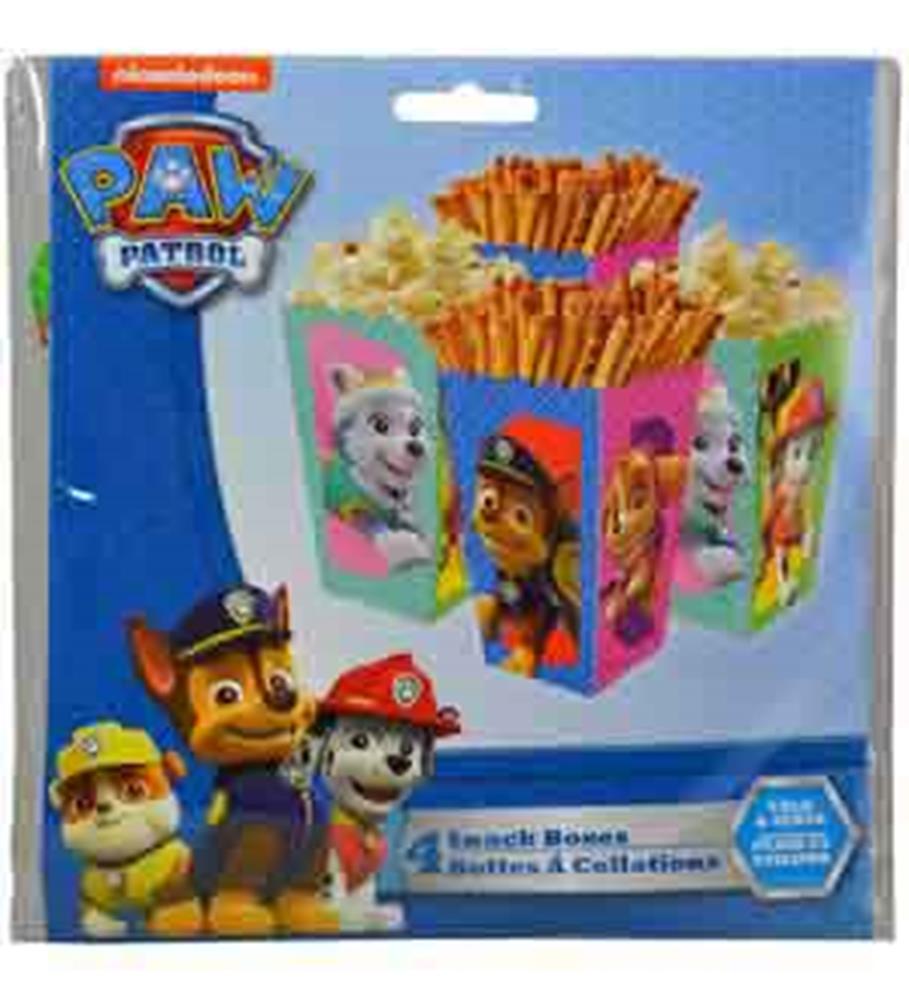 Colorful rectangular Paw Patrol snack boxes featuring Chase, Marshall, Skye, and Rubble on each side, made of cardboard.