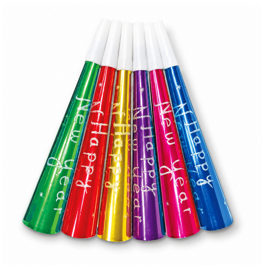 Set of six glittery party horns in green, red, yellow, purple, pink, and blue with "Happy New Year" text in white.