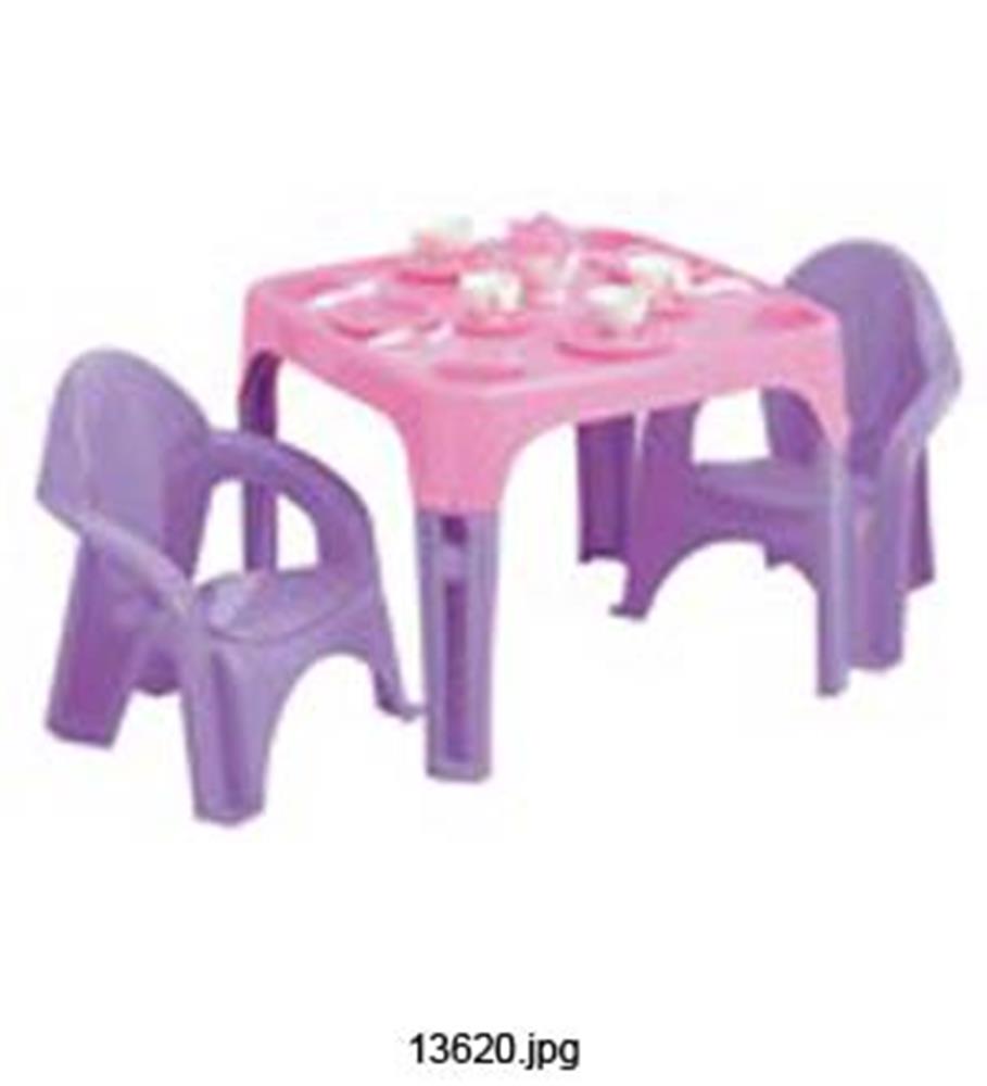 Pink square plastic table with clear tea set and two purple plastic chairs.