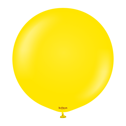Bright yellow round latex balloon inflated and smooth with small tied end.