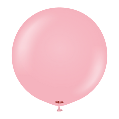 Large round flamingo pink balloon with a smooth surface and a small tied end at the bottom.