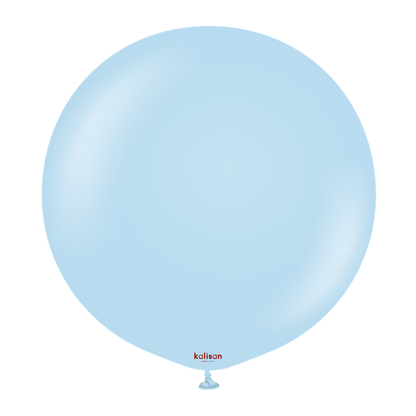 Two large 36-inch round balloons in soft macaron blue latex with a smooth finish.