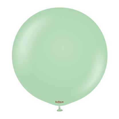 Two large round macaron green latex balloons with a smooth matte finish, 36 inches in diameter.