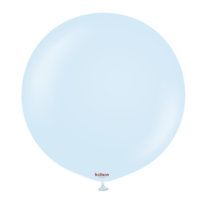 36-inch round baby blue latex balloon with a smooth surface and small red Kalisan logo near the tied end.