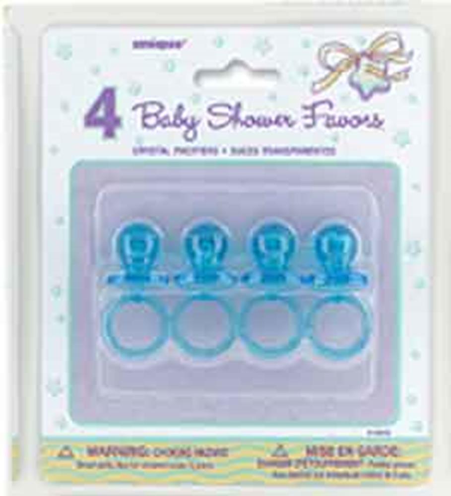 Set of four 2-inch translucent blue pacifier-shaped baby shower favors on a plastic ring.