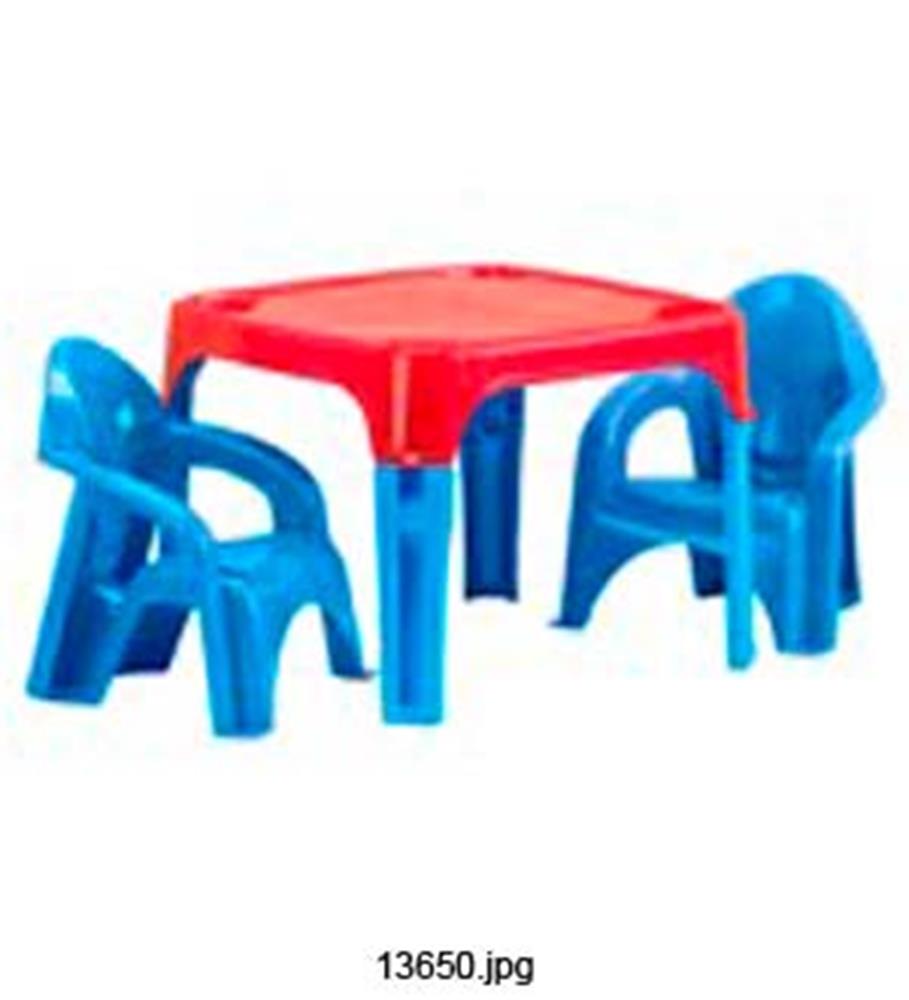 Red square plastic table with four blue plastic chairs designed for kids.