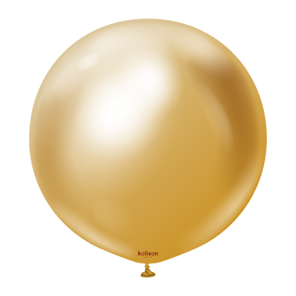 36-inch round gold latex balloon with a shiny mirror-like finish.