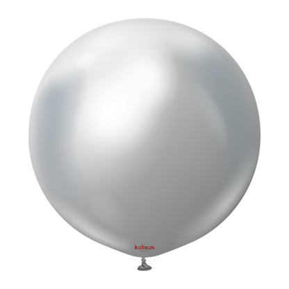 36-inch large round silver mylar balloon with glossy reflective surface and small valve at the bottom.