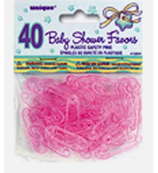 Pack of 40 small pink plastic baby safety pins in a clear resealable bag with baby shower-themed labeling.