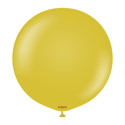 Large round mustard yellow balloon with a smooth glossy surface and a tied neck.