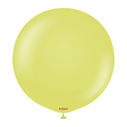 Two large round olive green latex balloons, 36 inches in diameter, smooth and glossy finish.