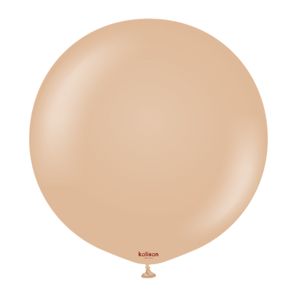 Large round balloon in a smooth desert sand beige color with a small tied end at the bottom.