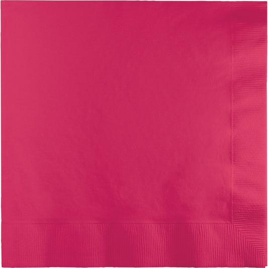 Square hot magenta paper napkin with embossed border patterns.