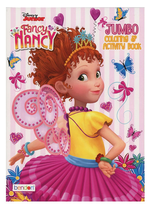 Fancy Nancy coloring and activity book with a pink fairy wings theme, featuring a curly red-haired girl in a yellow top and.