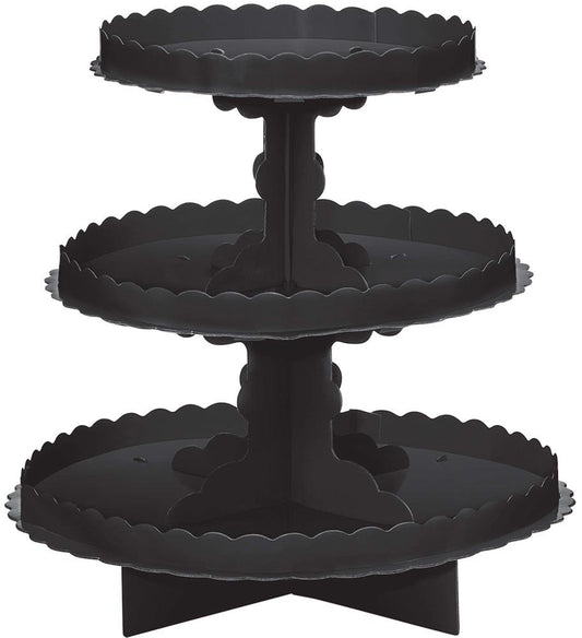 Three-tier black metal treat stand with scalloped edges and round trays.