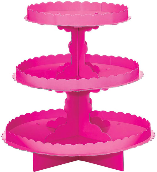 Three-tier bright pink metal treat stand with scalloped edges and central support columns.
