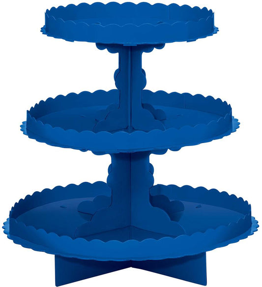 Three-tier bright royal blue treat stand with scalloped edges and sturdy central support.