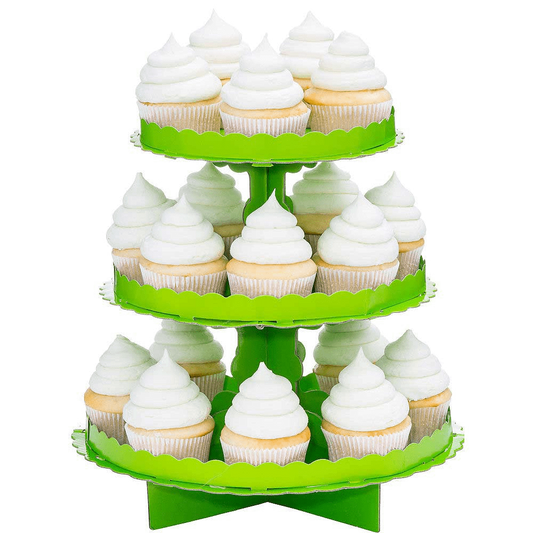 Three-tiered bright green treat stand holding cupcakes with chocolate frosting swirls.