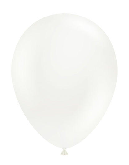 Single white latex balloon inflated, smooth surface, oval shape with tied end.