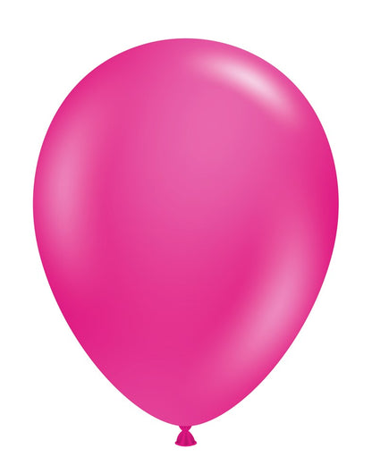 Bright hot pink 14-inch smooth latex balloon inflated with tied end visible.
