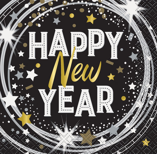 Black and Gold Happy New Year Beverage Napkin 16ct