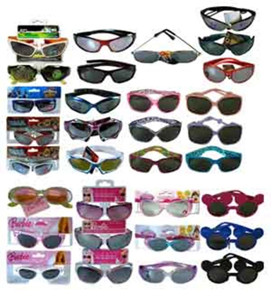 Assorted children’s sunglasses in various colors and styles including sporty wraparound, classic aviator, and playful shapes