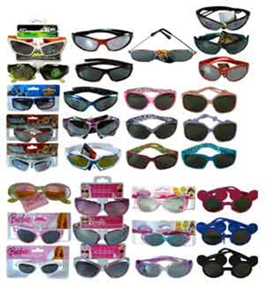 Assorted children’s sunglasses in various colors and styles including sporty wraparound, classic aviator, and playful shapes