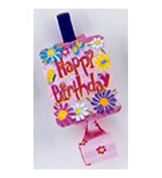 Pink birthday blowout with colorful flower designs and "Happy Birthday!" text in red and orange.